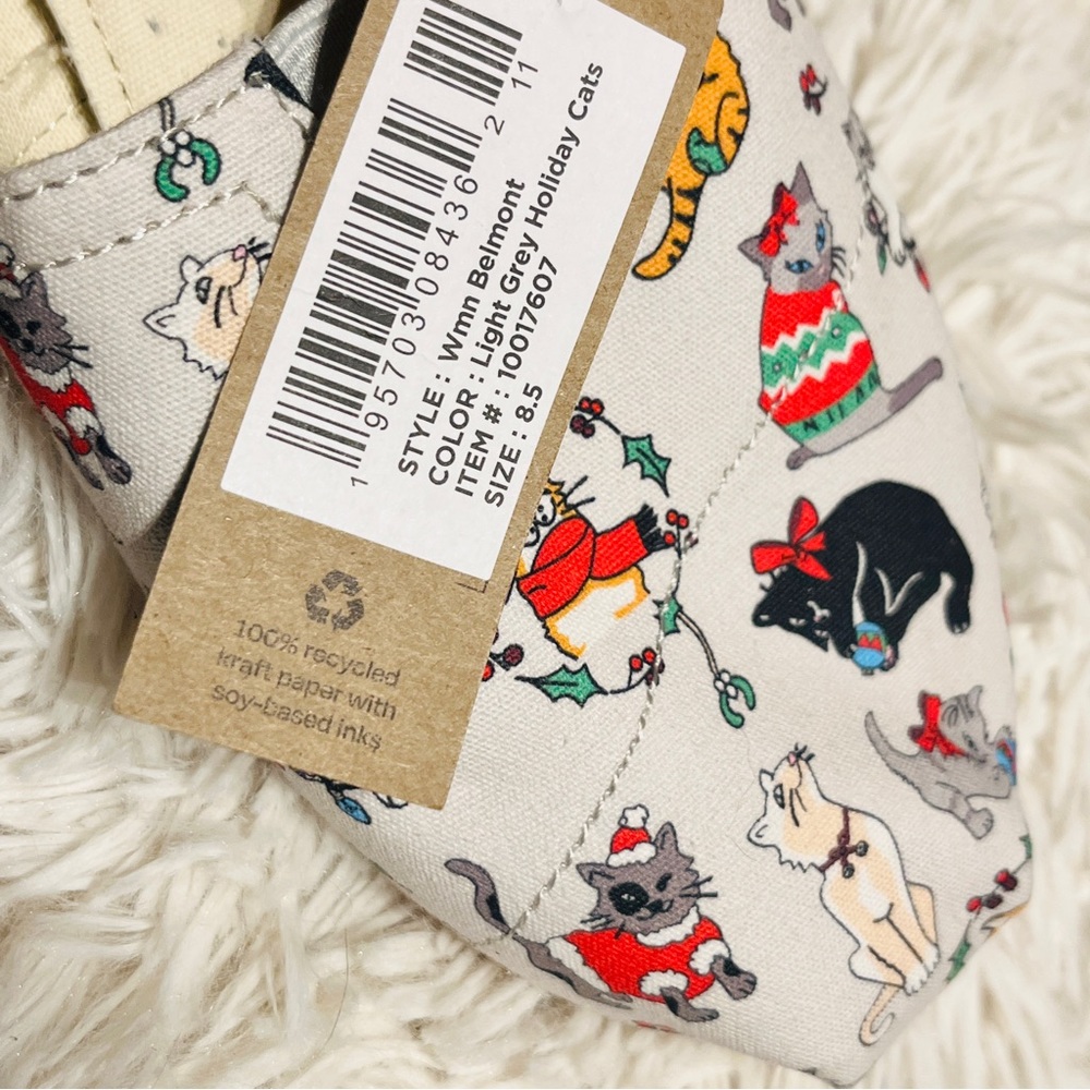 TOMS Christmas Cats Slip On Gray Belmont Shoes Holiday Espadrille Flats NWT - Picture 6 of 8